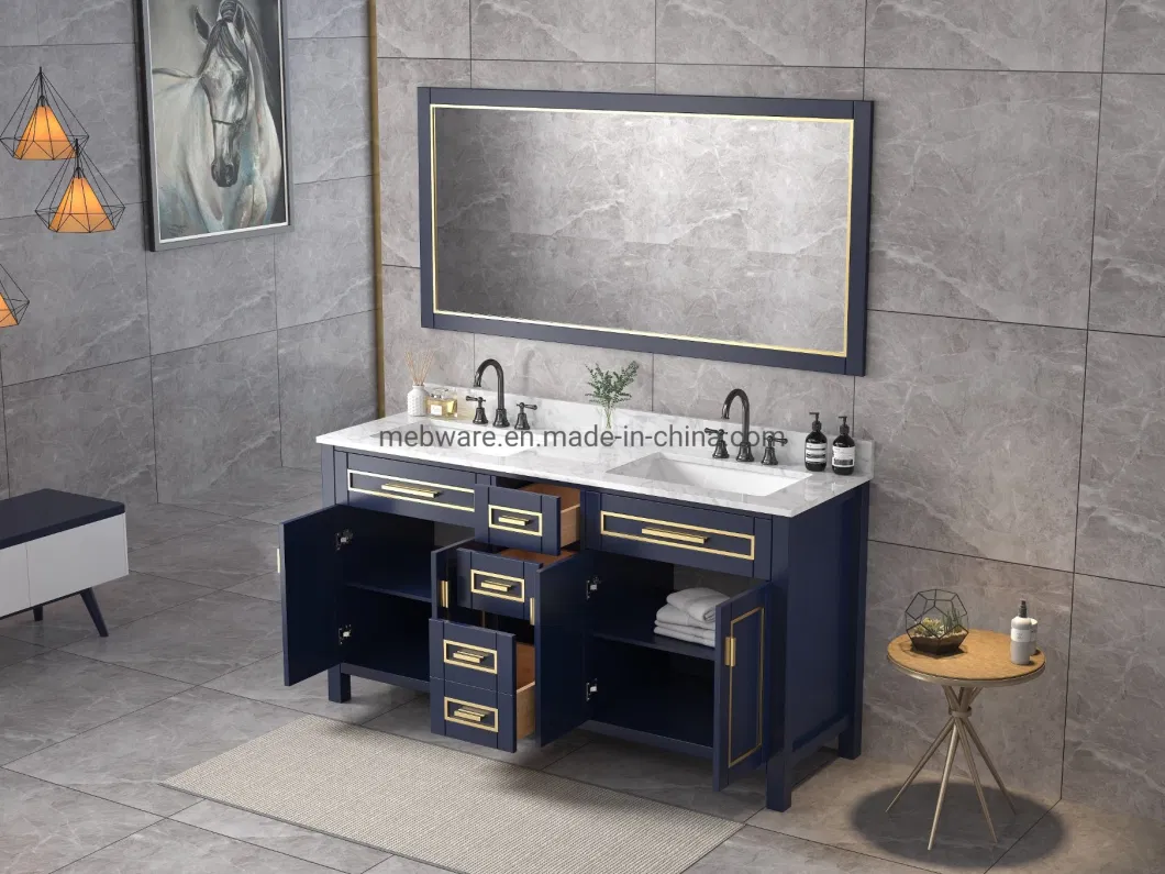60 Inch Grey Color Floor Mounted Double Sinks Framed Mirror Marble Top Four Doors Foor Drawers Solid Wood Bathroom Furniture Vanity Cabinet
